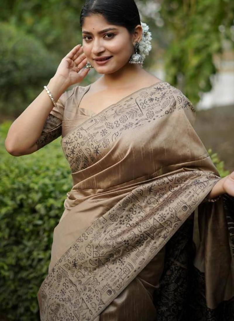 Beige color handloom raw silk weaving pallu saree