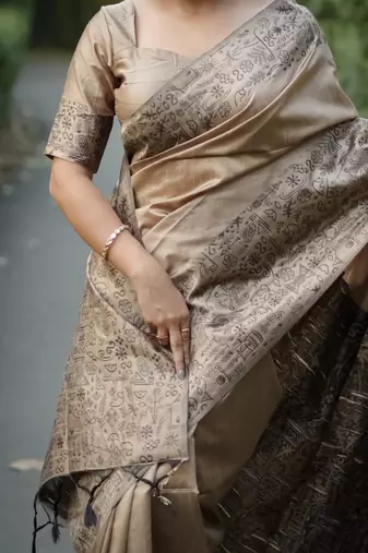 Beige color handloom  silk blend weaving pallu saree