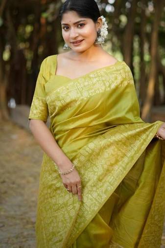 Mehendi color handloom raw silk weaving pallu saree