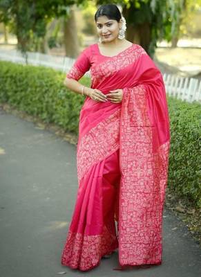 Pink color handloom  silk blend weaving pallu saree 1