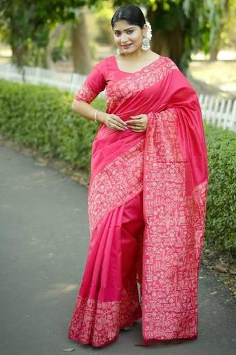 Pink color handloom raw silk weaving pallu saree