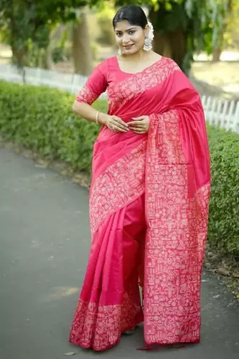 Pink color handloom raw silk weaving pallu saree