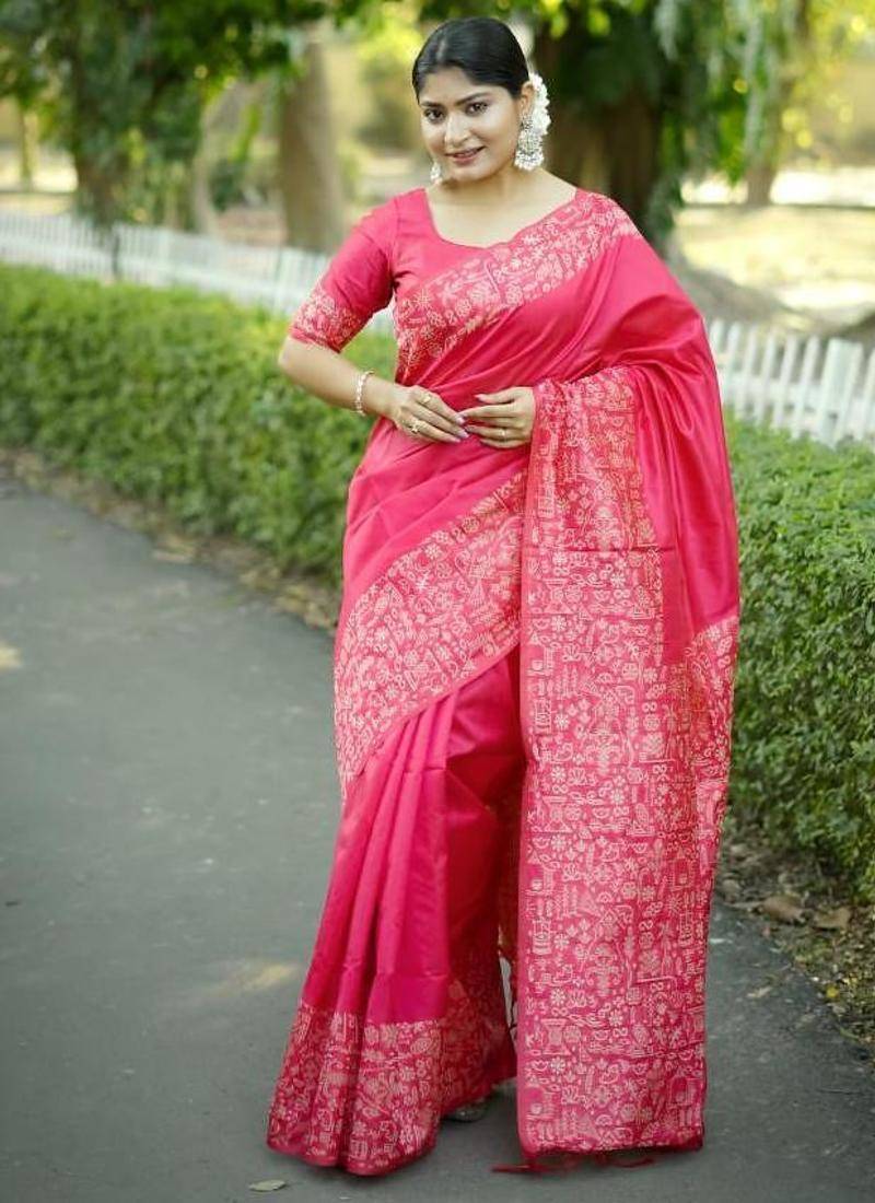 Pink color handloom raw silk weaving pallu saree