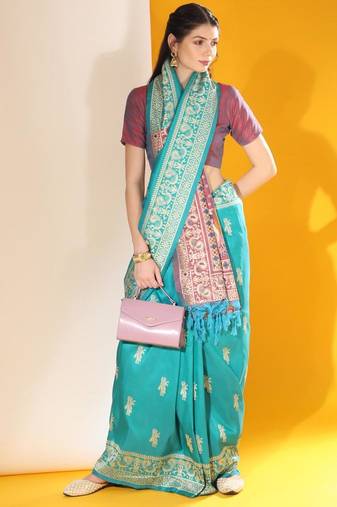 Sky blue color raw silk two tone weaving work saree