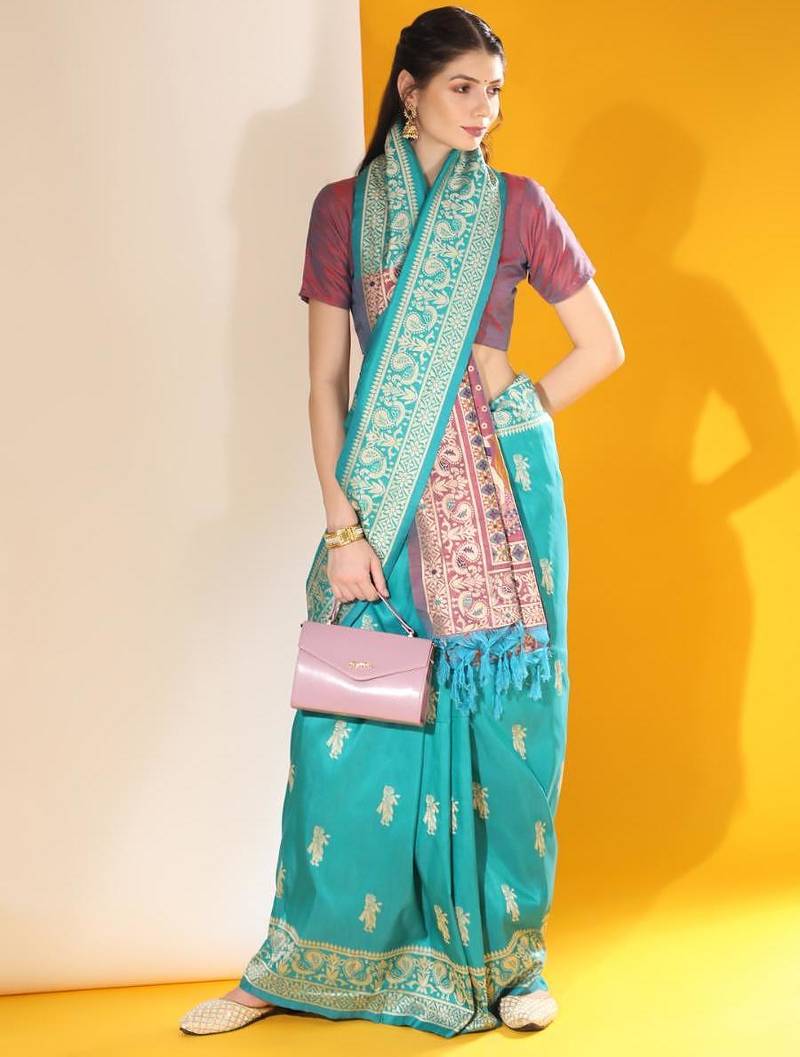 Sky blue color raw silk two tone weaving work saree