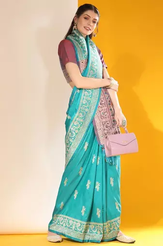 Sky blue color raw silk two tone weaving work saree