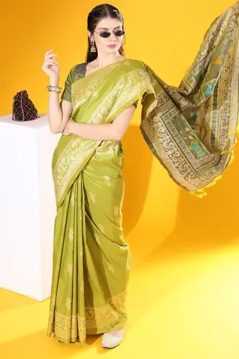 Green color  silk blend two tone weaving work saree