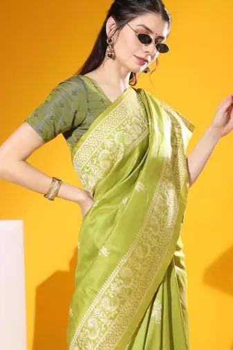Green color  silk blend two tone weaving work saree