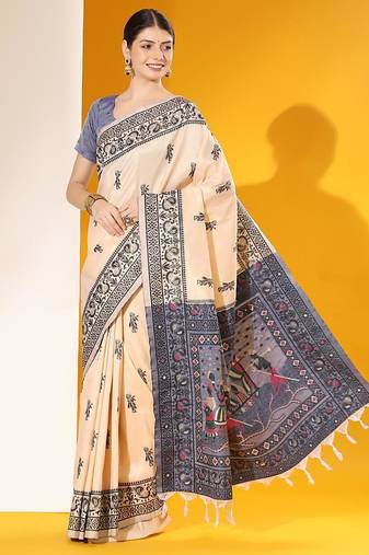 Beige color raw silk two tone weaving work saree