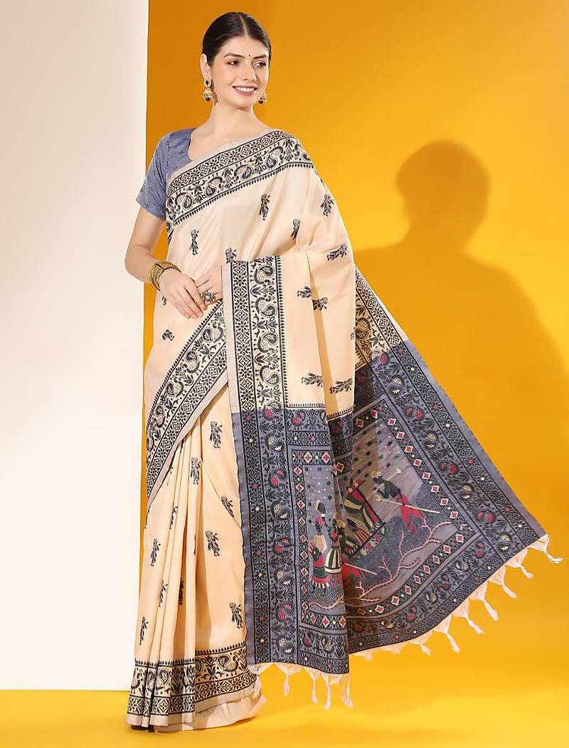 Beige color raw silk two tone weaving work saree