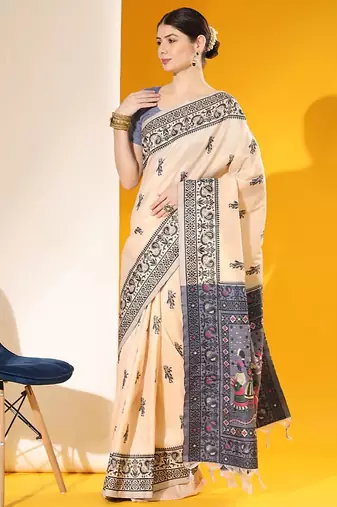 Beige color  silk blend two tone weaving work saree