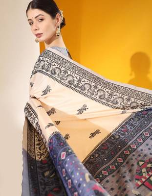 Beige color  silk blend two tone weaving work saree 3