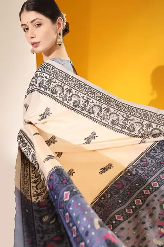 Beige color  silk blend two tone weaving work saree