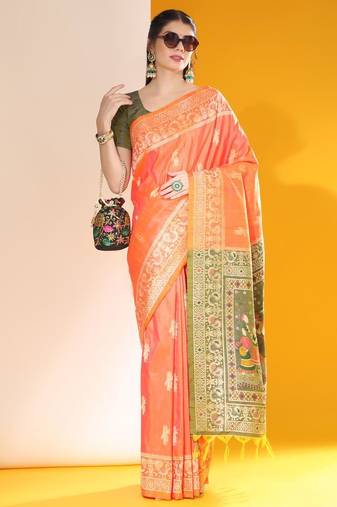 Orange color raw silk two tone weaving work saree