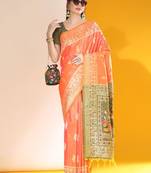 Orange color  silk blend two tone weaving work saree