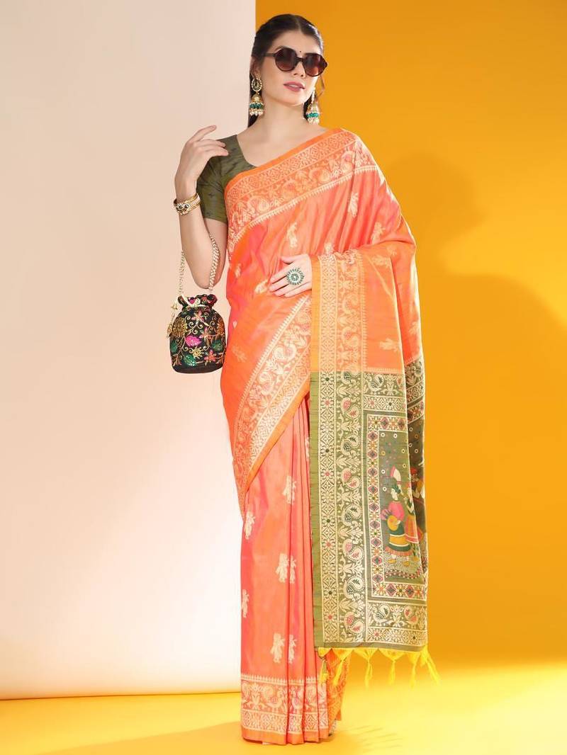 Orange color raw silk two tone weaving work saree