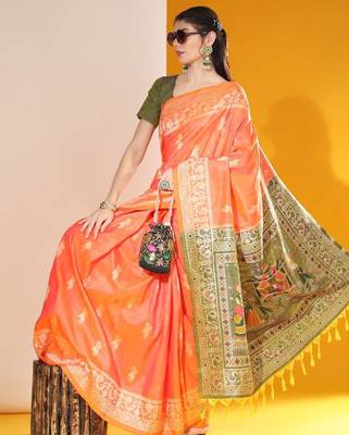 Orange color  silk blend two tone weaving work saree 2
