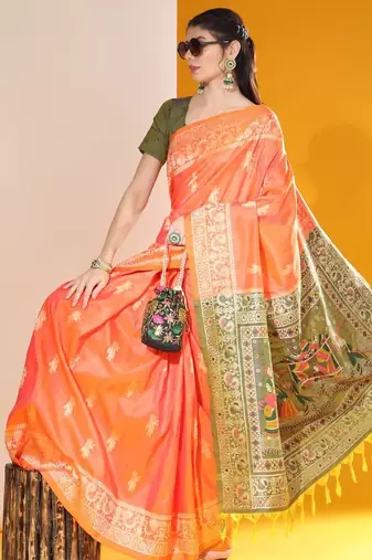 Orange color  silk blend two tone weaving work saree