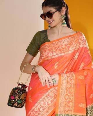 Orange color  silk blend two tone weaving work saree 3