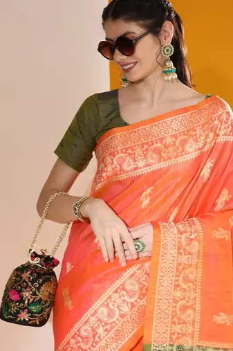 Orange color  silk blend two tone weaving work saree