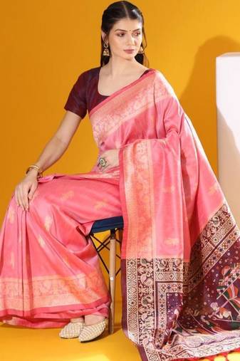 Pink color raw silk two tone weaving work saree