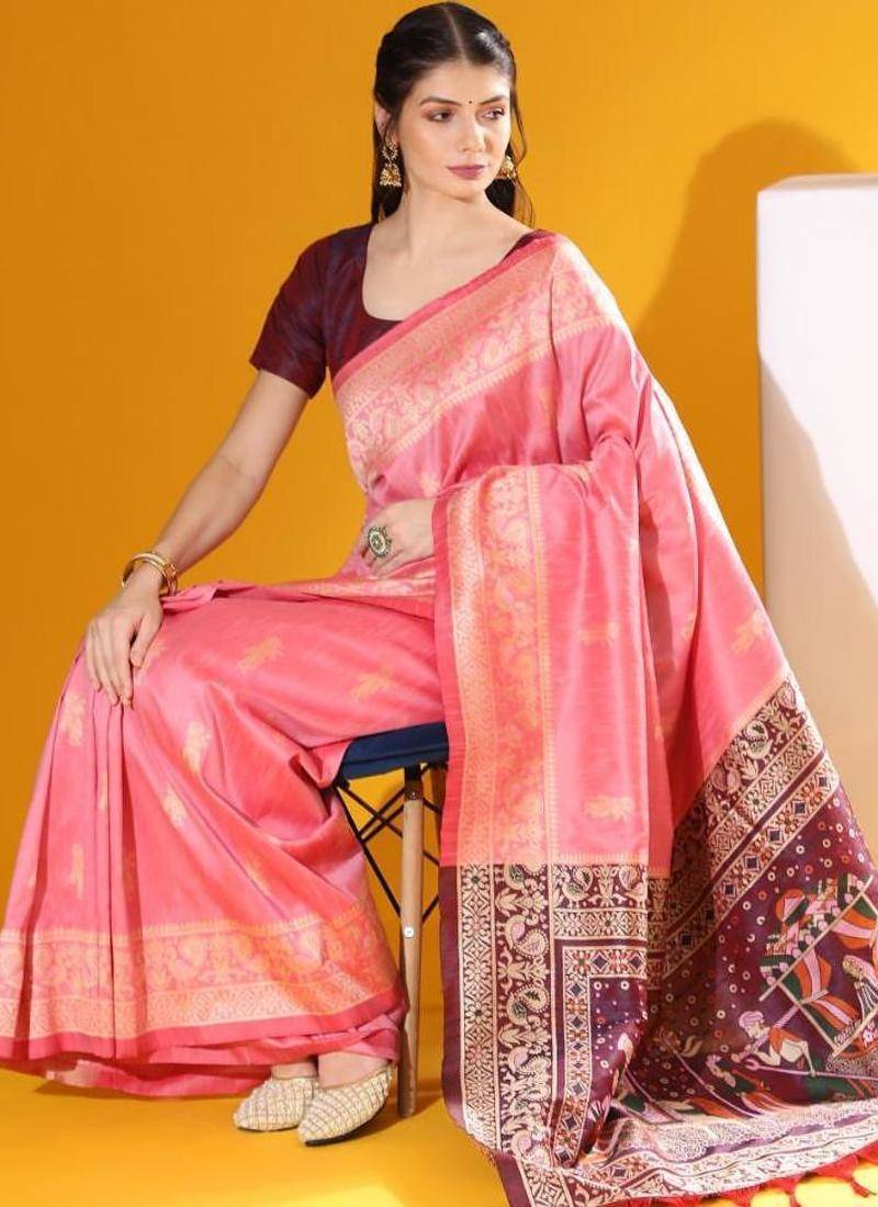 Pink color raw silk two tone weaving work saree