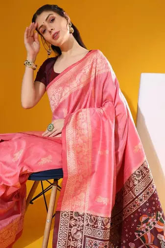 Pink color  silk blend two tone weaving work saree