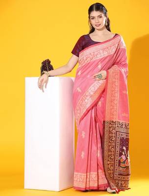 Pink color  silk blend two tone weaving work saree 3