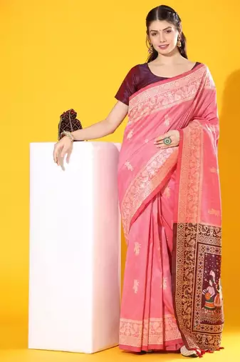 Pink color  silk blend two tone weaving work saree