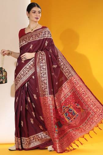 Purple color raw silk two tone weaving work saree