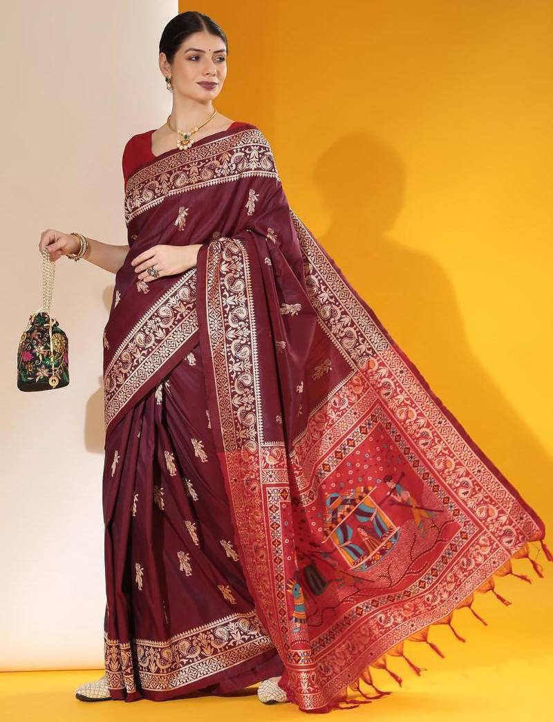 Purple color raw silk two tone weaving work saree