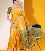 Musturd color raw silk two tone weaving work saree