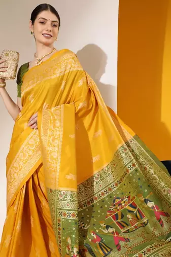 Musturd color  silk blend two tone weaving work saree