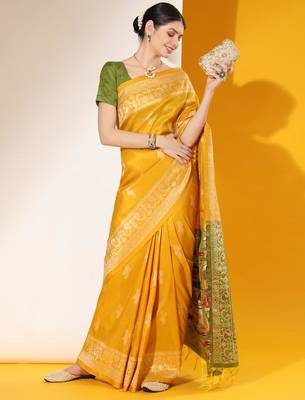 Musturd color  silk blend two tone weaving work saree 3