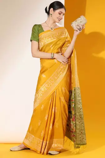 Musturd color  silk blend two tone weaving work saree