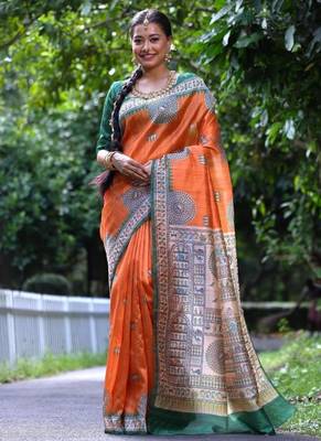 Orange silk blend madhubani warli printed saree 1