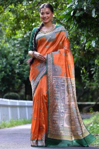 Orange color raw silk madhubani warli printed saree