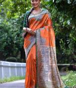 Orange color  silk blend madhubani warli printed saree