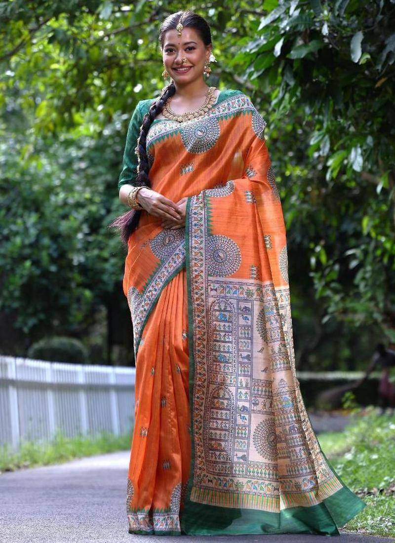 Orange color raw silk madhubani warli printed saree