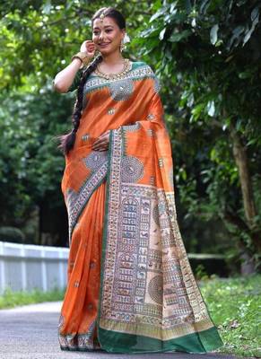 Orange silk blend madhubani warli printed saree 2