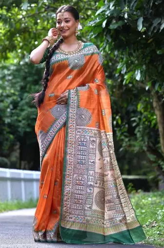 Orange color  silk blend madhubani warli printed saree
