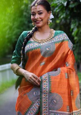 Orange silk blend madhubani warli printed saree 4