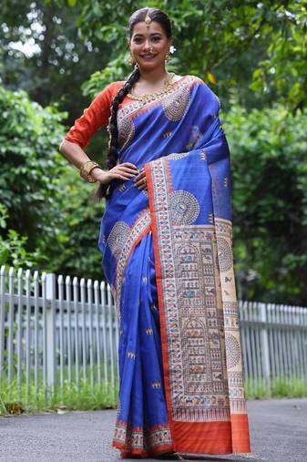 Blue color raw silk madhubani warli printed saree