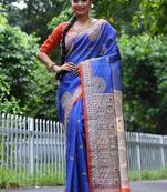 Blue color  silk blend madhubani warli printed saree