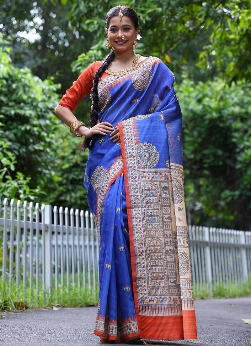 Blue color raw silk madhubani warli printed saree