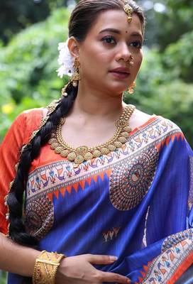 Blue color  silk blend madhubani warli printed saree 2
