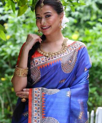 Blue color  silk blend madhubani warli printed saree 3