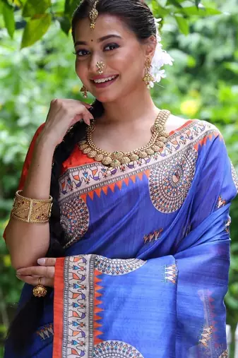 Blue color  silk blend madhubani warli printed saree