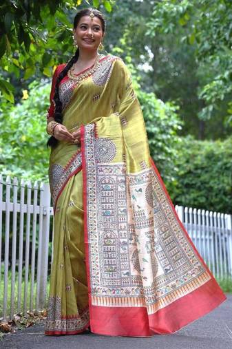 Light green color raw silk madhubani warli printed saree
