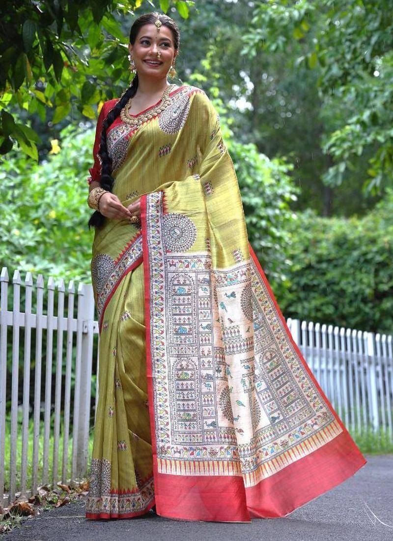 Light green color raw silk madhubani warli printed saree
